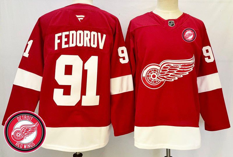 Men Detroit Red Wings #91 Fedorov Red Fanatics 2025 NHL Jersey style 3